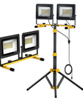 Ultra Bright LED Work Light With Stand Dual Head Adjustable Flood Light Waterproof Tripod 16.5 Ft Cord, set on white background.