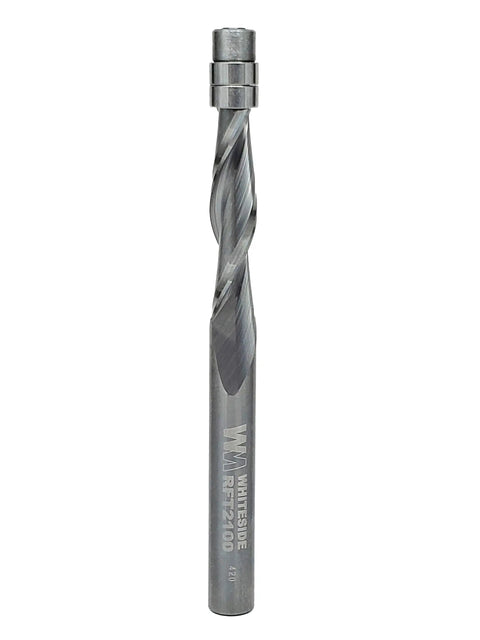 One Quarter Inch Diameter Spiral Flush Trim Up Cut Router Bit Pro Grade Solid Carbide With One Quarter Inch Shank, side view