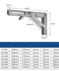 Diagram showing Two Piece Folding Angle Bracket Shelf Heavy Duty Adjustable Wall Mount For Tools White 12 Inch with dimensions.