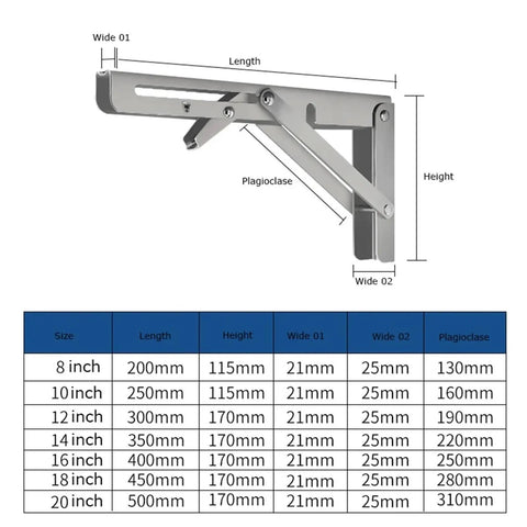 Diagram showing Two Piece Folding Angle Bracket Shelf Heavy Duty Adjustable Wall Mount For Tools White 12 Inch with dimensions.