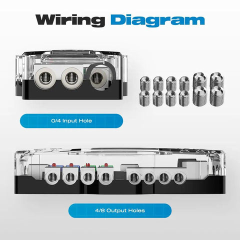 Four Way MIDI Fused Distribution Block For Car Audio And Marine Systems, 12V Wiring, Supports Two Inputs And Four Outputs, Ground Connection, 0 To 4 Gauge Capacity, Includes Mini ANL Fuse Mount For Safe Organized Power, wiring diagram