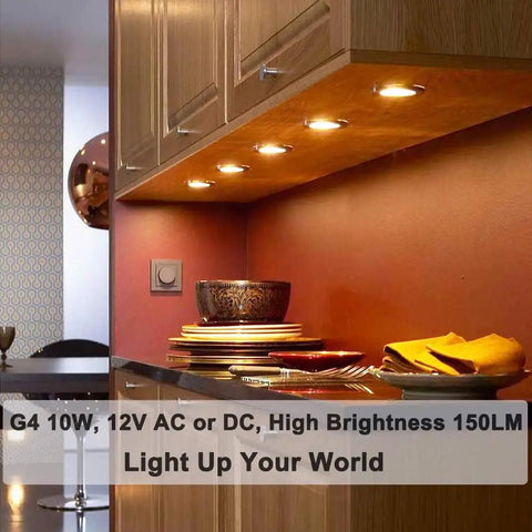 Under-cabinet lighting using Bi-Pin Halogen Bulbs Pack of 10, 12V 10W, 150 Lumens High Output, Dimmable Warm White 2800K
