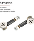 Close-up of cam lock nuts and dowel screws from Three In One Furniture Connector Kit For Wood Wardrobes, Cupboards, And Bookshelves, 20 Sets