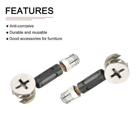 Close-up of cam lock nuts and dowel screws from Three In One Furniture Connector Kit For Wood Wardrobes, Cupboards, And Bookshelves, 20 Sets