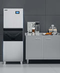 Industrial 550 Lbs Per Day Commercial Ice Maker With 300 Lbs Storage Bin next to coffee station in modern kitchen