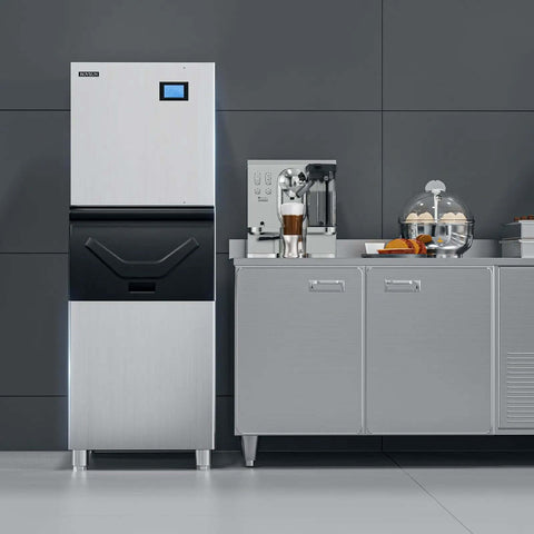 Industrial 550 Lbs Per Day Commercial Ice Maker With 300 Lbs Storage Bin next to coffee station in modern kitchen