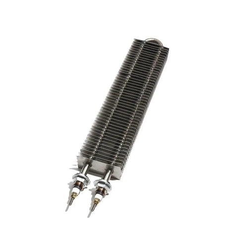 Professional Grade Electric Finned Tubular Heater Featuring M18 Stainless Steel Threads And Broad Rectangular Fins viewed from the side.