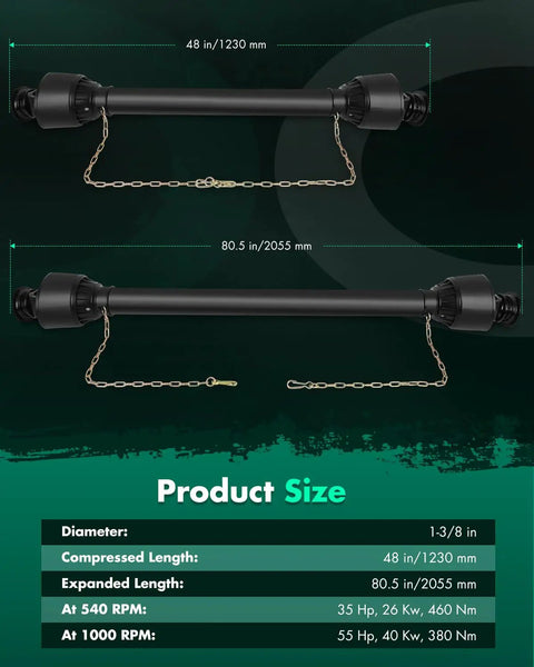 Tough As Nails Adjustable PTO Shaft With 48 To 80.5 Inch Telescopic Design And One Inch Three Eighths Spline for tractor, showing compressed and expanded sizes.