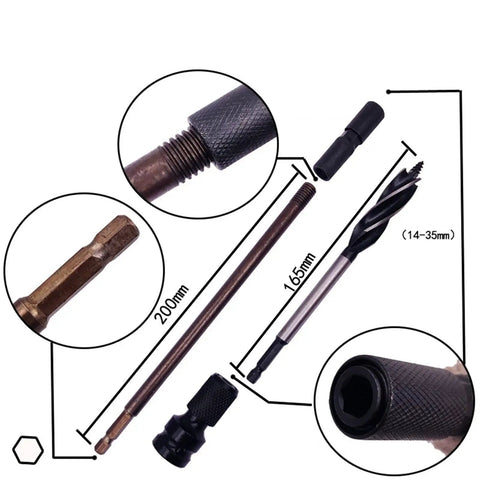 Top Shelf Heavy Duty 11 Piece Woodworking Auger Drill Bit Set Featuring Razor Sharp Spiral Flutes For Reliable Clean Hole Boring In Lumber Plywood MDF Sheets Pro Tier components with dimensions.