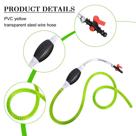 No Fuss Manual Fuel Siphon Pump For Gas Diesel And Oil Quick High Flow Transfer with PVC yellow hose and rubber bulb.
