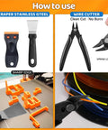 Collage of 50-piece 3D printer tool kit showing stainless steel scraper and blade, and spring-loaded wire cutter.