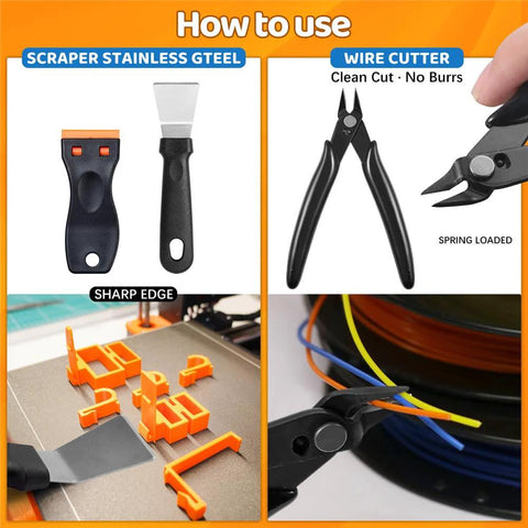 Collage of 50-piece 3D printer tool kit showing stainless steel scraper and blade, and spring-loaded wire cutter.