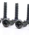 Straight Up Replacement Screws M4 X 14 Millimeter For Television Stand Mounting Hardware Compatible With Samsung TV Legs Dead Simple Install No Sweat Setup Fixed. Close-up of black silver screws with cross slots.