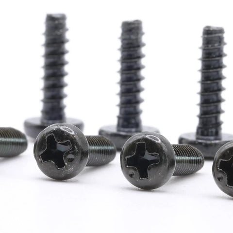 Straight Up Replacement Screws M4 X 14 Millimeter For Television Stand Mounting Hardware Compatible With Samsung TV Legs Dead Simple Install No Sweat Setup Fixed. Close-up of black silver screws with cross slots.