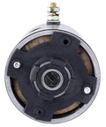 12V hydraulic pump motor for RV levelers with slotted shaft; front view shows black adapter plate and metallic housing.