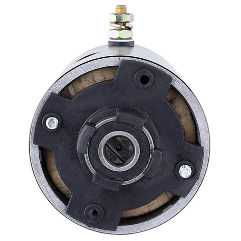 12V hydraulic pump motor for RV levelers with slotted shaft; front view shows black adapter plate and metallic housing.