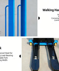 Heavy Duty Portable Electric Pallet Stacker Jack With 51 Inch Lift Height, solid steel walking handle and adjustable fork shown.