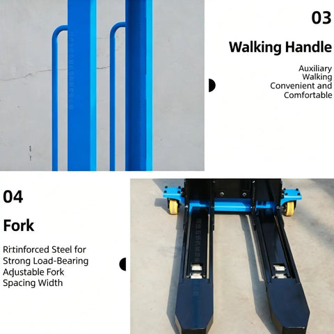 Heavy Duty Portable Electric Pallet Jack And Forklift Combo For Industrial Warehouse Logistics, features ergonomic walking handle and reinforced steel forks.