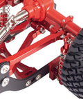 Close-up of Heavy Duty Metal Chassis Pull Rods Suspension Link Mount Upgrade Kit installed on RC car with red metal components.
