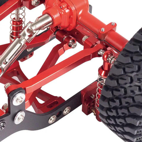 Close-up of Heavy Duty Metal Chassis Pull Rods Suspension Link Mount Upgrade Kit installed on RC car with red metal components.