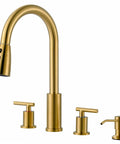 WOWOW 2 Handle Kitchen Faucet 4 Hole with Sprayer and Soap Dispenser in brushed gold finish with high-arc design.