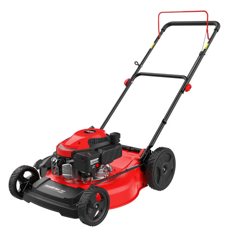 EasyCut 21 Inch Gas Lawn Mower With 144cc 4 Stroke OHV Engine Auto Choke Start, red steel deck, side view, on white background.