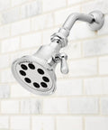 Retro Style Shower Head With Anystream 360 Degree Spray Technology, 1.75 GPM Flow, polished chrome finish on wall.