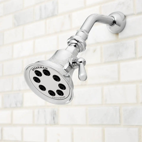 Retro Style Shower Head With Anystream 360 Degree Spray Technology, 1.75 GPM Flow, polished chrome finish on wall.