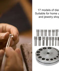 Hand using Pro Grade Disc Cutter Set For Jewelry Making 17 4 Steel Circle Punch Kit, showing dies and cutter base.