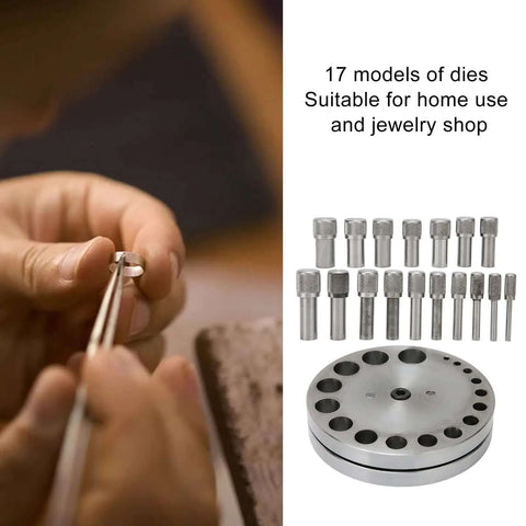 Hand using Pro Grade Disc Cutter Set For Jewelry Making 17 4 Steel Circle Punch Kit, showing dies and cutter base.
