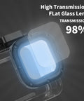 Close-up of the GoPro Hero 9 10 11 12 13 Waterproof Case lens showing high transmission flat glass, 196 ft depth rating