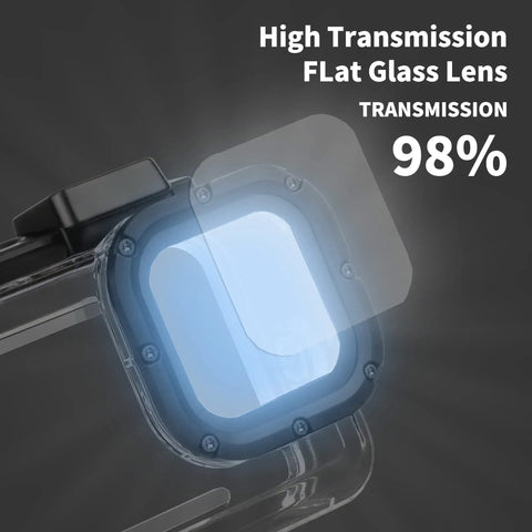 Close-up of the GoPro Hero 9 10 11 12 13 Waterproof Case lens showing high transmission flat glass, 196 ft depth rating