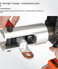 Close-up of Hella Heavy Duty Cordless Electric Hydraulic Crimping Pliers for Copper and Aluminum Cable connections.