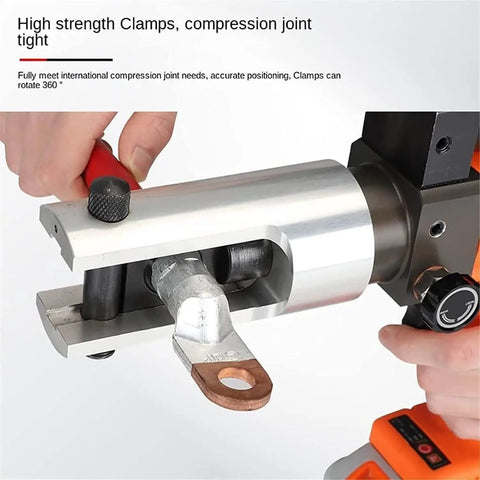 Close-up of Hella Heavy Duty Cordless Electric Hydraulic Crimping Pliers for Copper and Aluminum Cable connections.