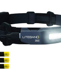 Liteband Activ LED Headlamp With 350 Lumens, 210 Degree Wide Beam, shown with three AAA batteries, carbon finish