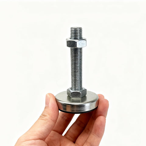 Adjustable Swivel Leveling Feet 4 Pack Heavy Duty Stabilizers For Workbenches Cabinets Machines 529 Lb Load Capacity Black Nylon Stainless Steel Thread No Flex Promise, showcasing a stainless steel threaded foot.