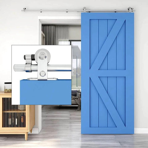 14 Foot Stainless Steel Sliding Barn Door Hardware Track Kit Top Mount T Hanger Set For A Single Door installed on a blue door