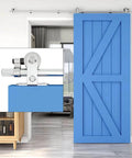 15Ft Stainless Steel Sliding Barn Door Track Kit Top Mount T Hanger Set installed with blue door in room