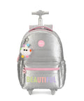 Front view of the 17 Inch Water Resistant Wheeled Laptop Backpack with Convertible Rolling Bag Design in beautiful silver color.