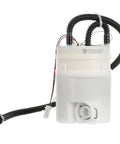 High Output Fuel Pump for Lightning Startups and Peppy Acceleration, white plastic body, fuel line connector and wiring.