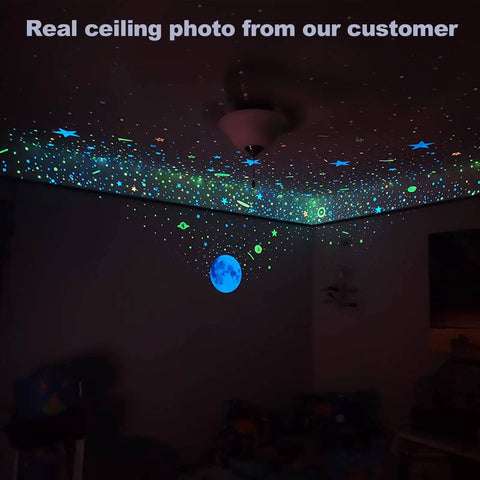 Glow In The Dark Stars Ceiling Decals 633 Realistic 3D Star Stickers creating a starry night glow in child's bedroom.