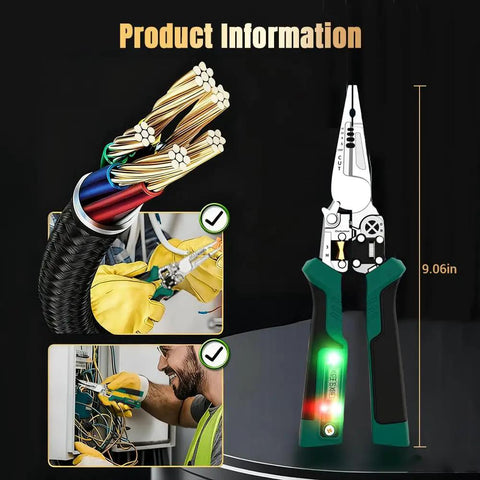 8 In 1 Wire Stripper Pliers With Voltage Tester For Cutting Crimping Pulling And Wiring Foldable Electrician Tool displayed