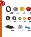 Image showing components of 118 Piece Wheels And Axle Set For Building Blocks, including various wheels and axles.