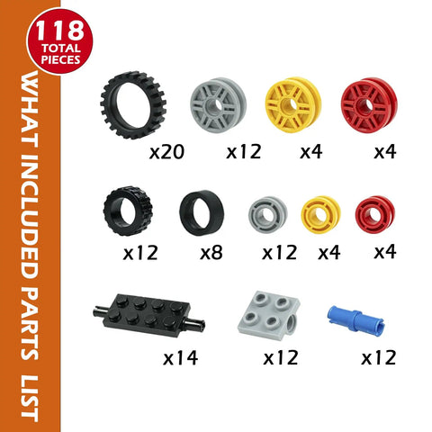 Image showing components of 118 Piece Wheels And Axle Set For Building Blocks, including various wheels and axles.