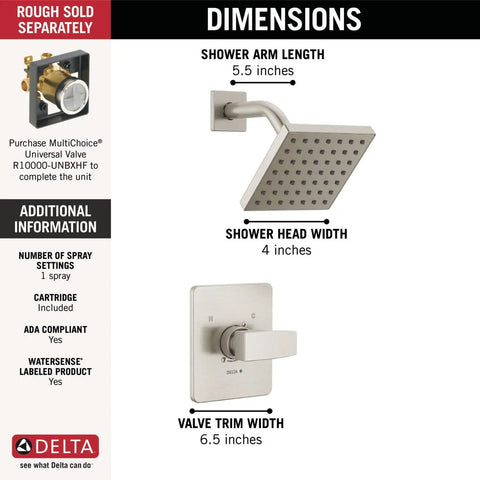 Dimensions of Brushed Nickel Shower Faucet Trim Kit With Stainless Shower Head And Handle Set, Modern 14 Series Style