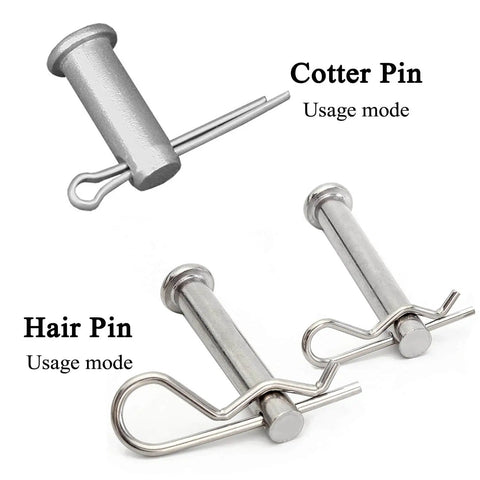 60 Pc Cotter Pin Hair Pin Kit with Zinc Plated R Clips for hitch pin lock systems, showing cotter and hair pins with usage mode.