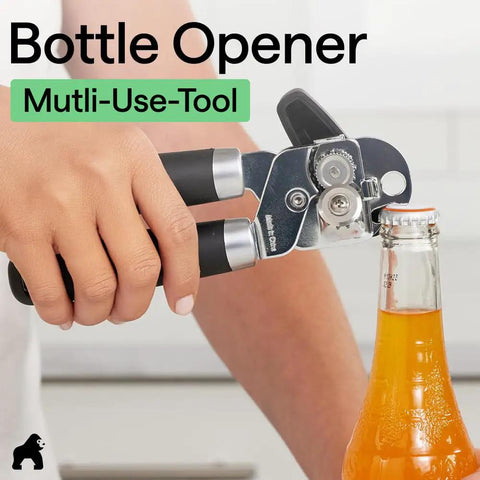 Person using Heavy Duty Stainless Steel Smooth Edge Manual Can Opener And Bottle Opener With Oversized Handheld Turn Knob