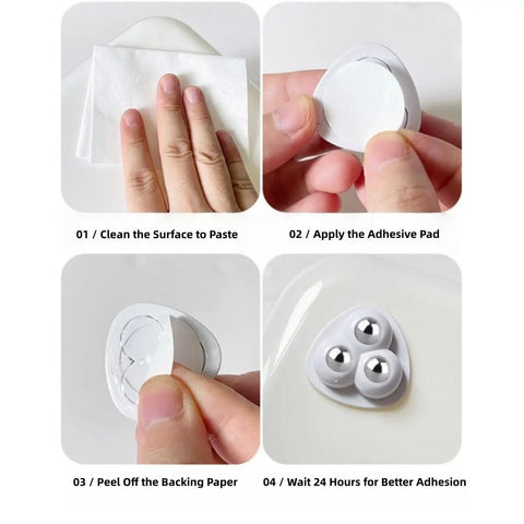 Steps to install Four Pack Matte Black Swivel Caster Wheels Featuring Silent Stainless Steel Bearings for easy adhesive mounting.