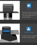 Illustration showing features of 4 Inch Roof Vent Cap With Backdraft Damper For Bathroom Ventilation System Galvanized Steel Exhaust Vent In Black Durable Roof Vent For Superior Airflow Corrosion Protection No Hassle Easy Install.