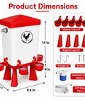 Product dimensions of Super Easy Setup 3 Gallon Automatic Chicken Waterer With 10 Spill Proof Cup Stations in red, showing components.